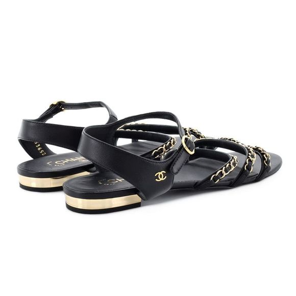 Chanel Women's Chain Ankle Strap Sandals Leather Black - Picture 3 of 5